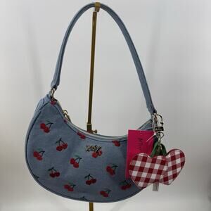Betsey Johnson Denim Cherry Embroidered Heart Charm Gingham Shoulder Bag NWT